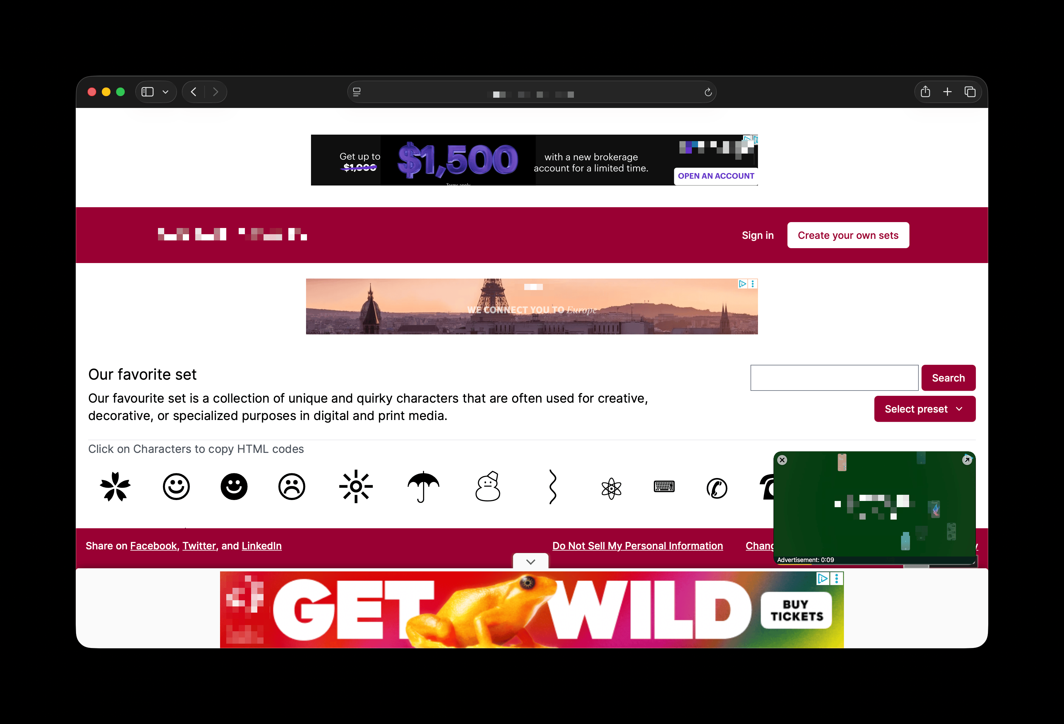 A Unicode character website buried under banner ads, an autoplaying video and a cookie popup