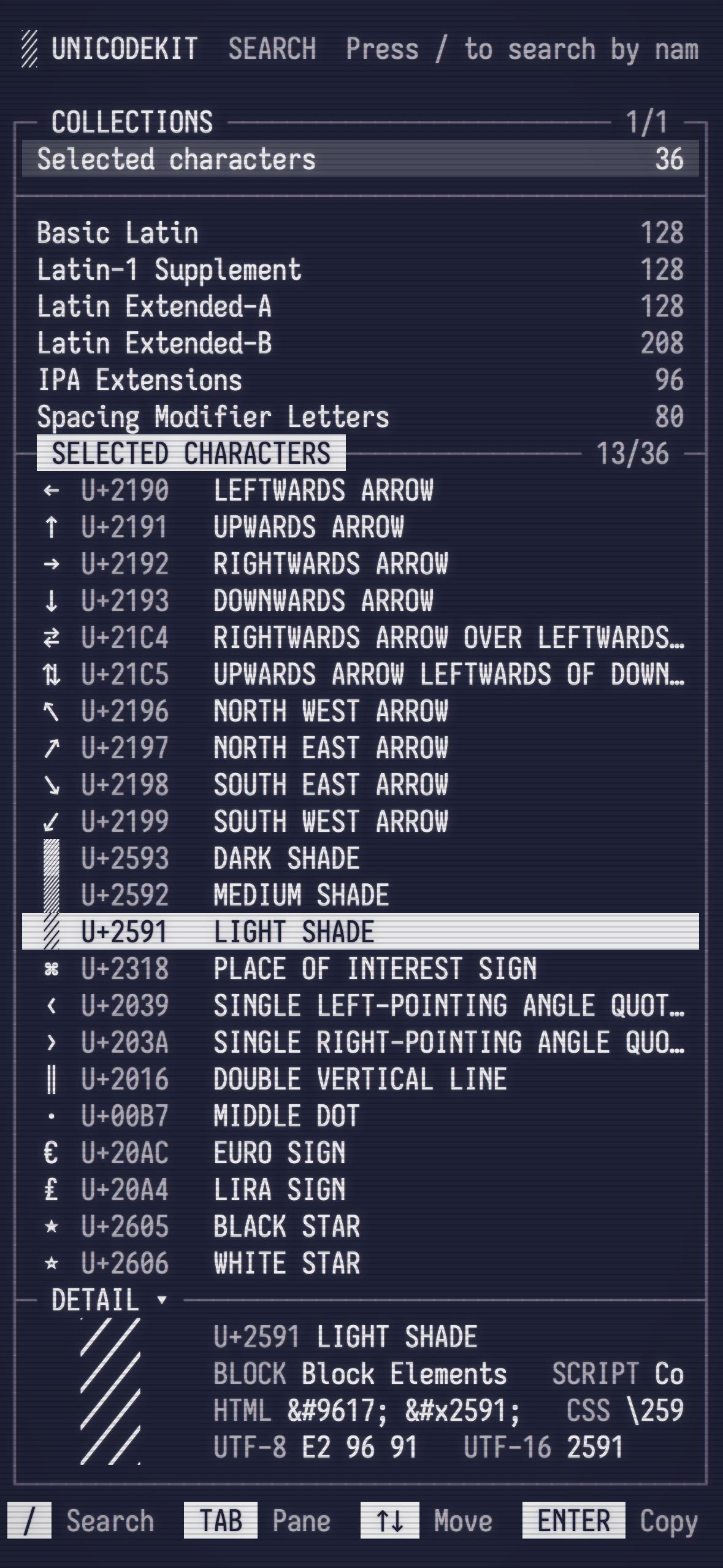unicodekit on a phone: a terminal-style list of arrows and block characters with a detail panel for LIGHT SHADE