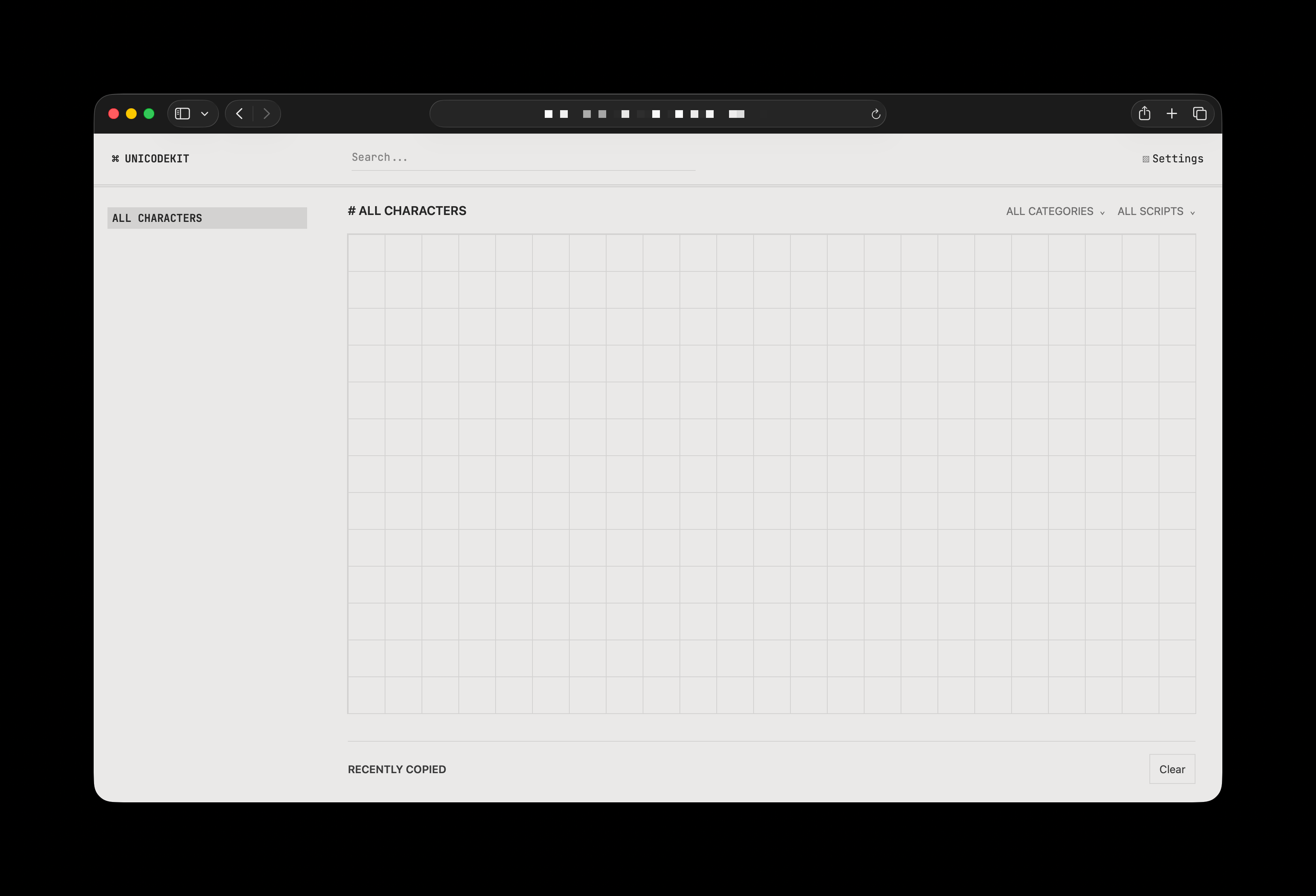 An early version of unicodekit: an empty grid of character boxes under the heading All characters