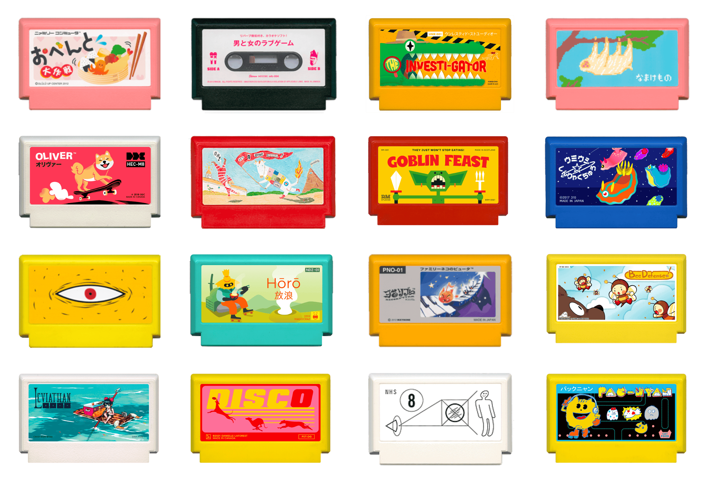 Sixteen My Famicase Exhibition entries: colorful Famicom cartridges with labels for games that do not exist